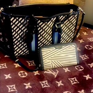 Henri Bendel Geometric Black Blue and White Tote Set